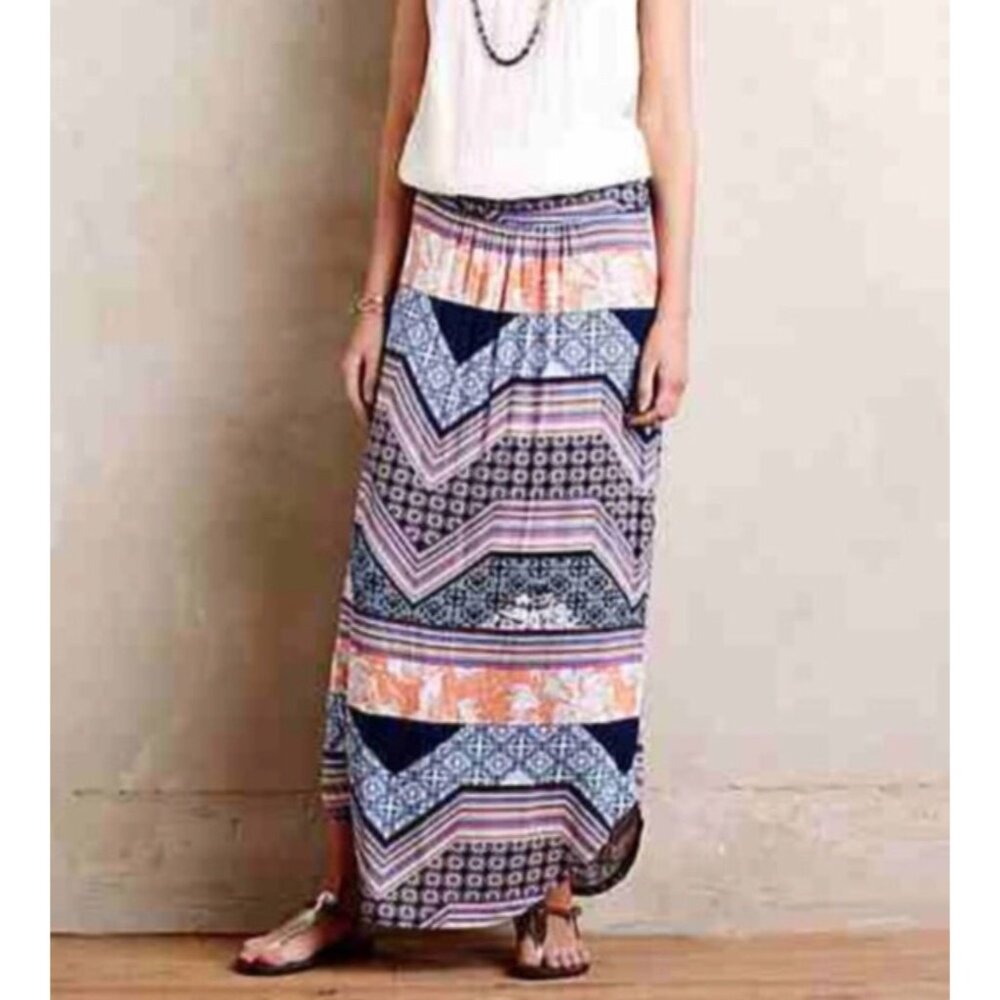 Anthropologie Multicolor Ruched Sides Maxi Skirt | Boho Poetcore Coastal Cowgirl - Picture 15 of 16